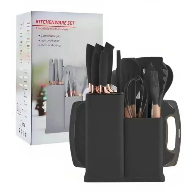 Kit Completo Jogo Utensílios de Cozinha Luxo 19 Peças Com Tábua em Silicone Espátula Faca Tesoura