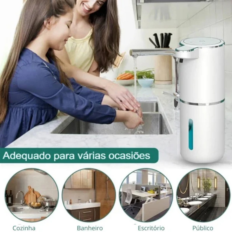 Dispensador de sabão automático, Recarregável, Elétrico, Espuma Ajustável de 4 Níveis, 380ml