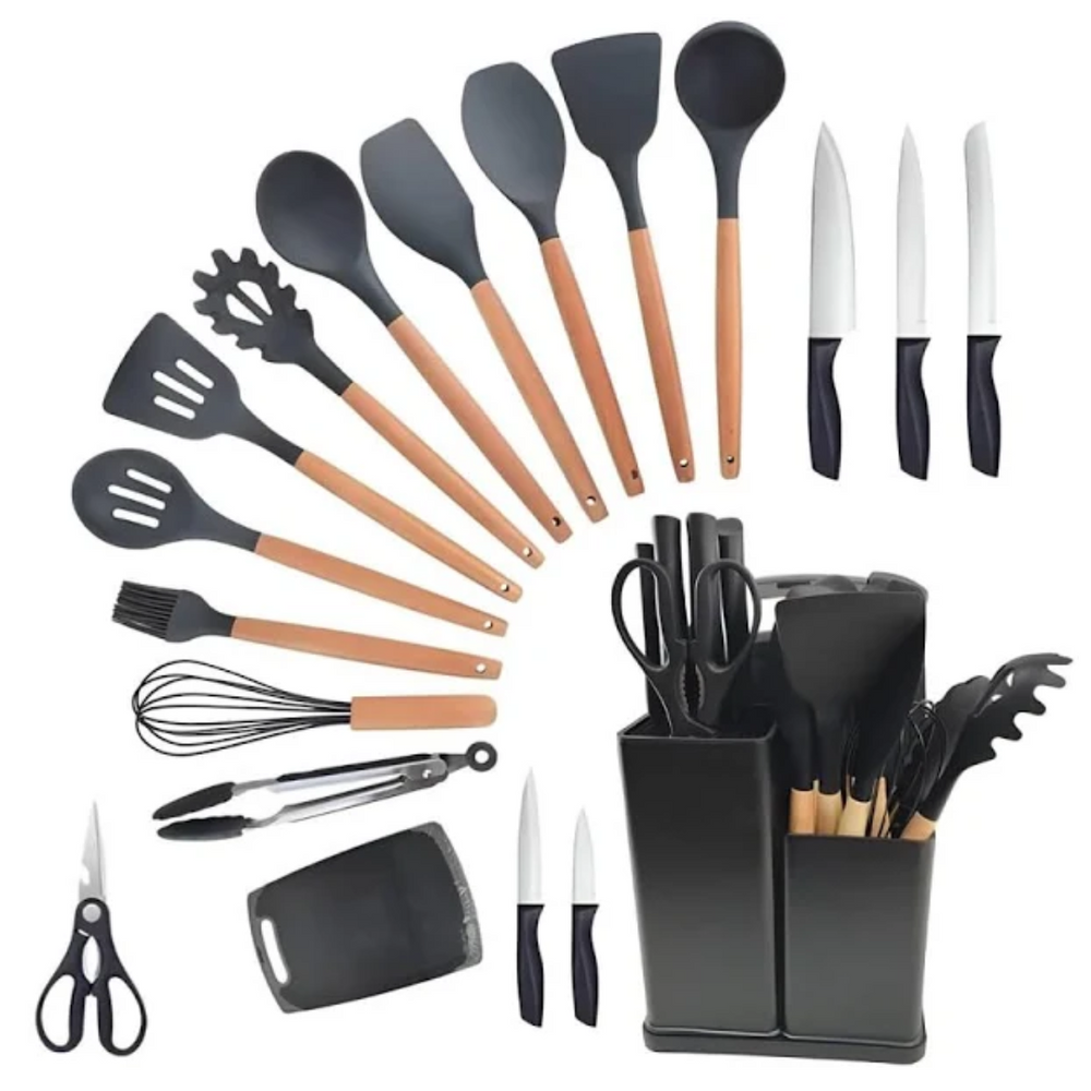 Kit Completo Jogo Utensílios de Cozinha Luxo 19 Peças Com Tábua em Sil