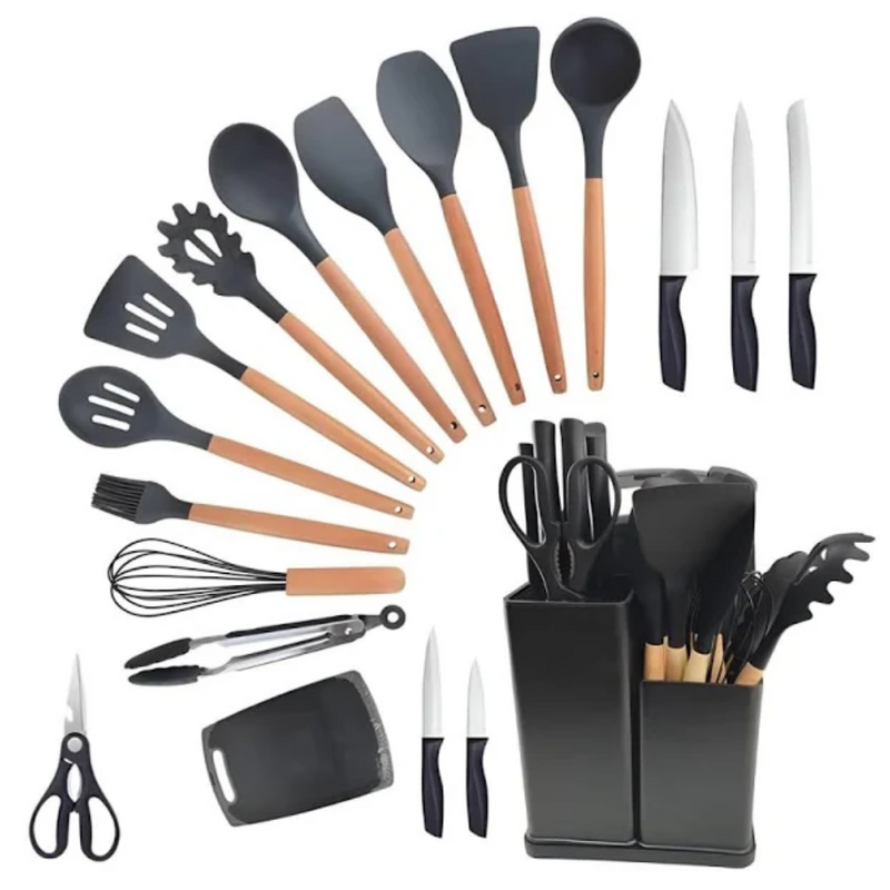 Kit Completo Jogo Utensílios de Cozinha Luxo 19 Peças Com Tábua em Silicone Espátula Faca Tesoura