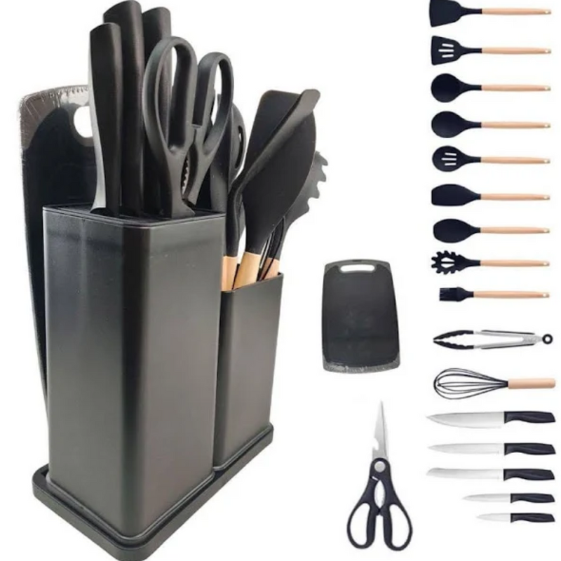 Kit Completo Jogo Utensílios de Cozinha Luxo 19 Peças Com Tábua em Silicone Espátula Faca Tesoura