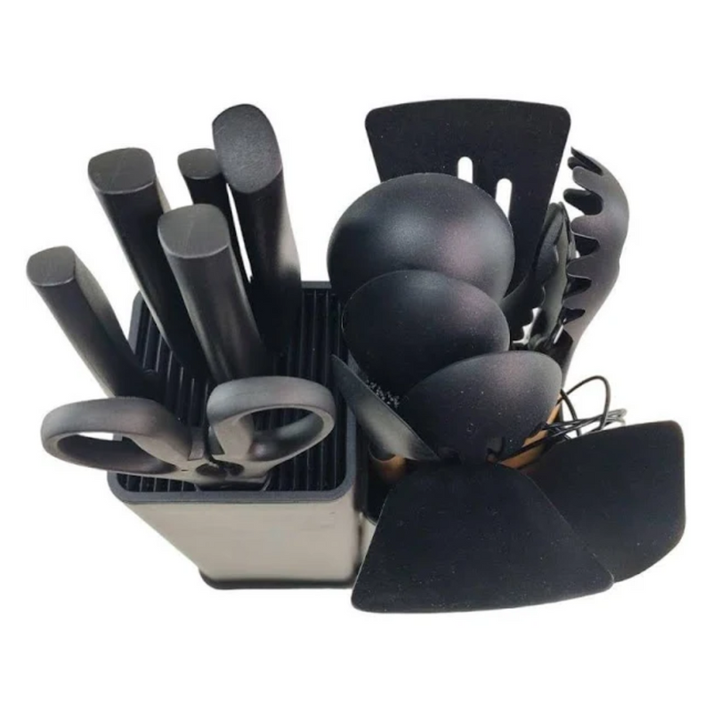 Kit Completo Jogo Utensílios de Cozinha Luxo 19 Peças Com Tábua em Silicone Espátula Faca Tesoura