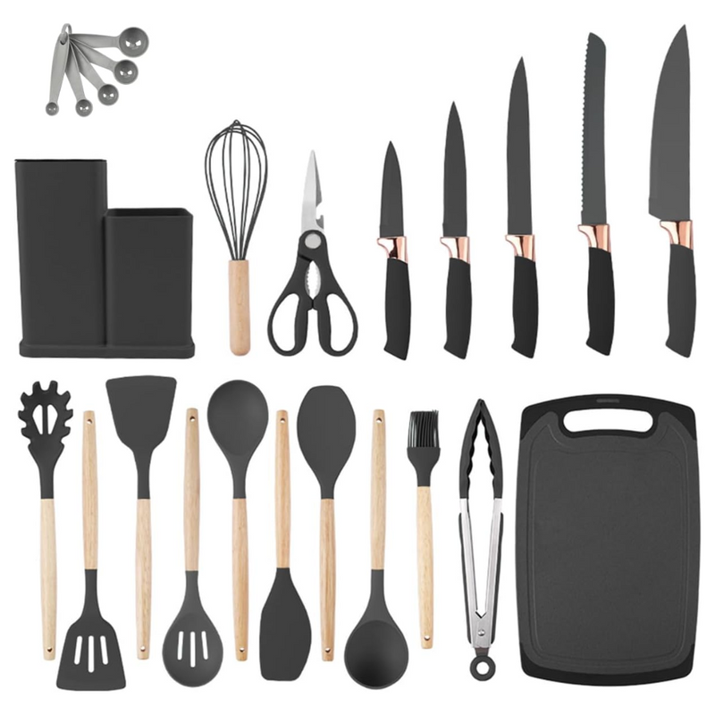 Kit Completo Jogo Utensílios de Cozinha Luxo 19 Peças Com Tábua em Silicone Espátula Faca Tesoura