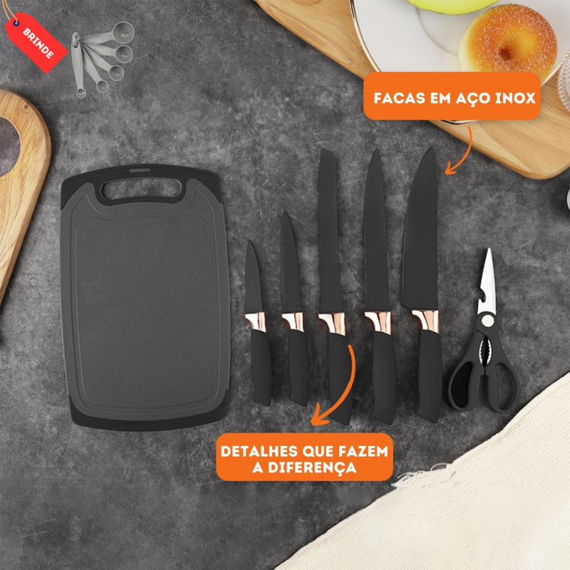 Kit Completo Jogo Utensílios de Cozinha Luxo 19 Peças Com Tábua em Silicone Espátula Faca Tesoura