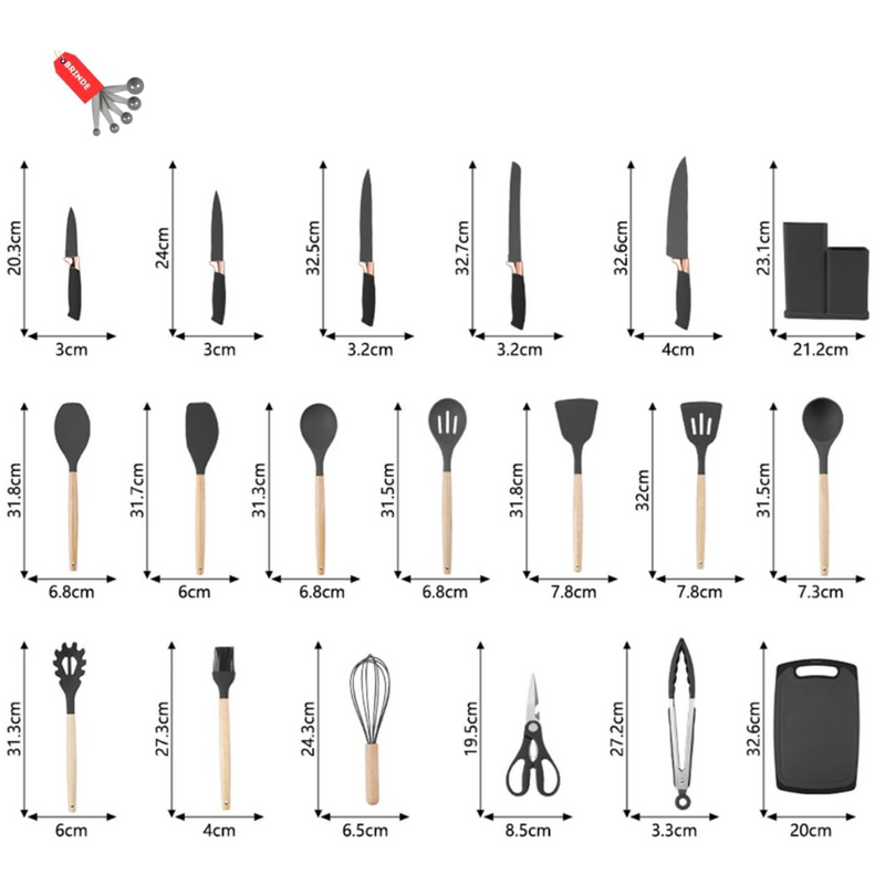 Kit Completo Jogo Utensílios de Cozinha Luxo 19 Peças Com Tábua em Silicone Espátula Faca Tesoura