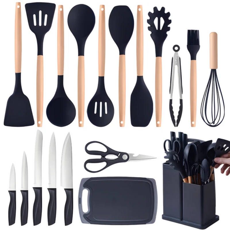 Kit Completo Jogo Utensílios de Cozinha Luxo 19 Peças Com Tábua em Silicone Espátula Faca Tesoura