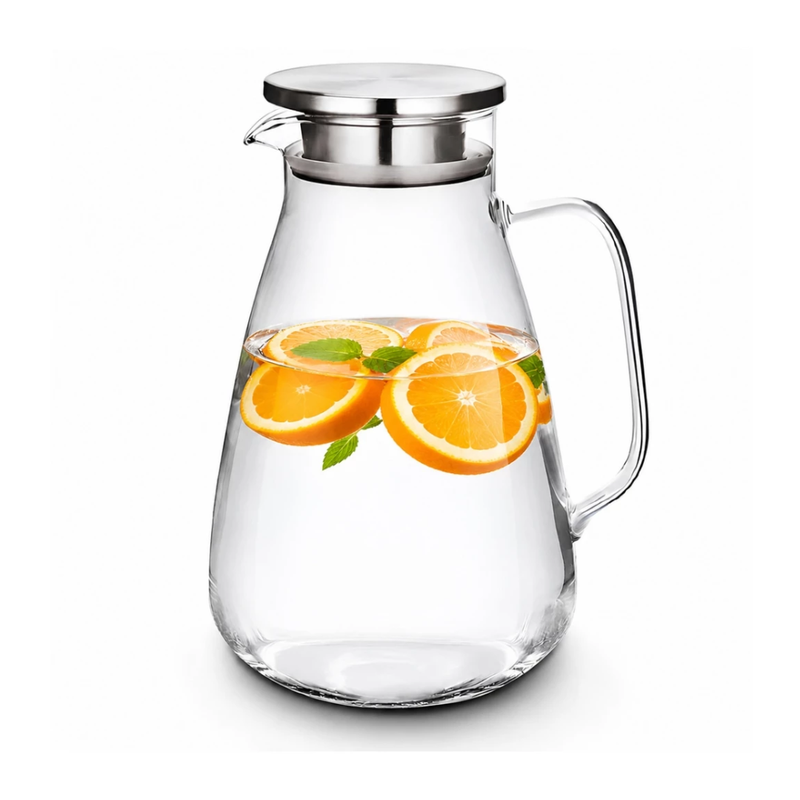 Jarra de Vidro Borossilicato 1,8L com Tampa em Aço Inox – Resistente ao Calor, Ideal para Sucos, Água, Chá e Bebidas Quentes e Geladas