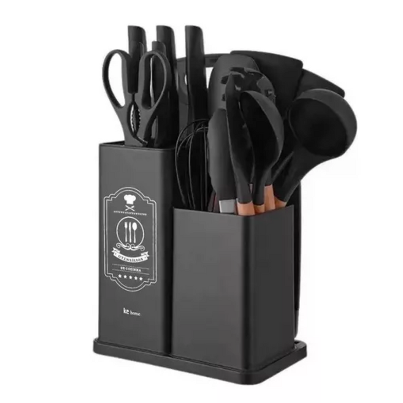 Kit Completo Jogo Utensílios de Cozinha Luxo 19 Peças Com Tábua em Silicone Espátula Faca Tesoura