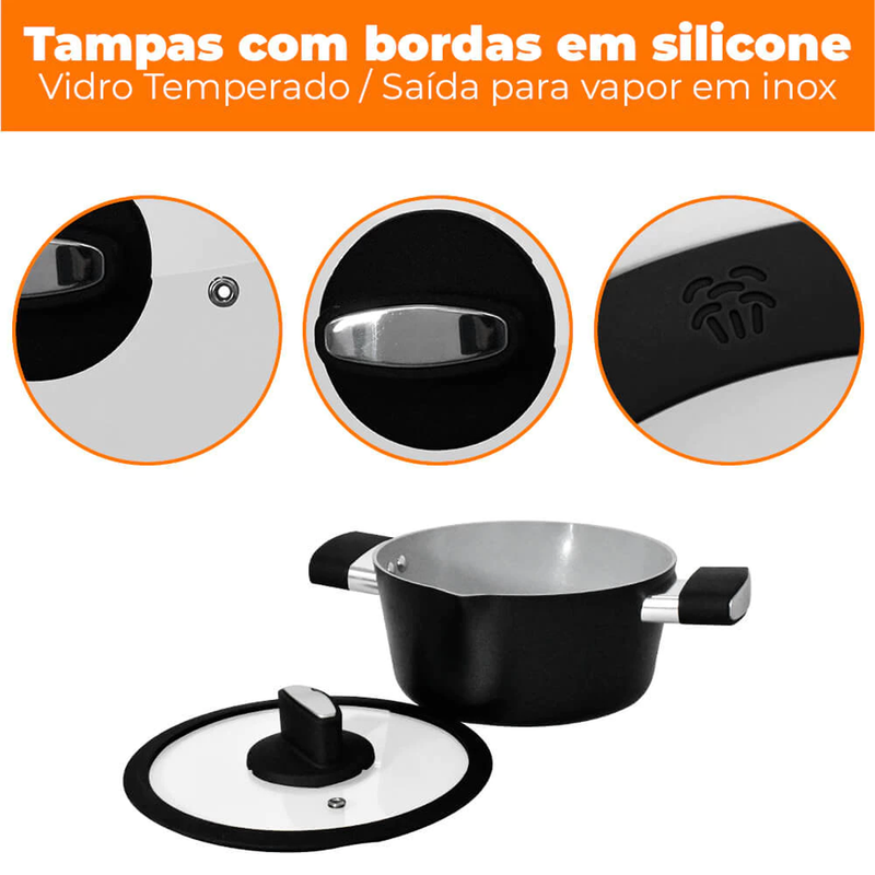 Conjunto de Panelas de Indução Antiaderente Cerâmica Chicago Preto 4 peças - Casambiente