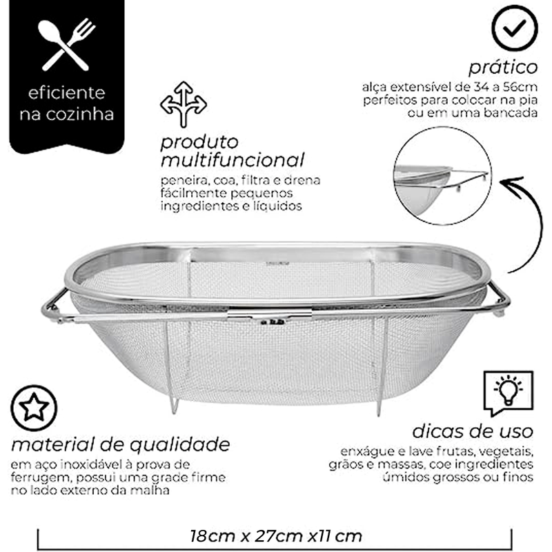 Escorredor Multiuso Aço Inox com Alça Expansível.