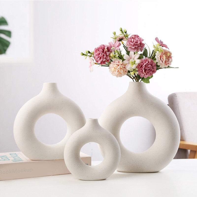 Vazo de cerâmica em formato de donuts circular oco, vaso de flores mesa escritório sala estar decoração. - facilefuncional.com.br