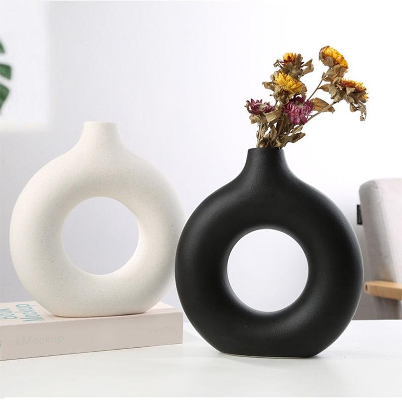 Vazo de cerâmica em formato de donuts circular oco, vaso de flores mesa escritório sala estar decoração. - facilefuncional.com.br